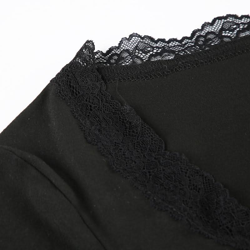 V neck long sleeve lace hem flower applique top