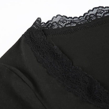 V neck long sleeve lace hem flower applique top