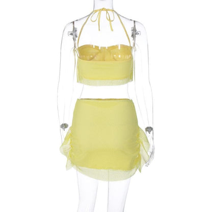Halter self tie backless fishnet solid tube mini skirt set