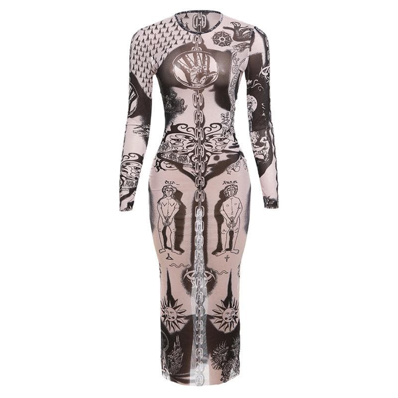 Sheer mesh abstract contrast see through long sleeve maxi dress
