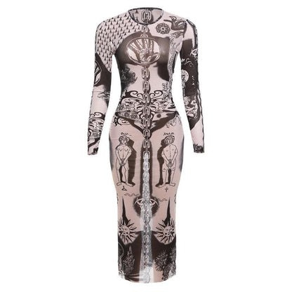 Sheer mesh abstract contrast see through long sleeve maxi dress