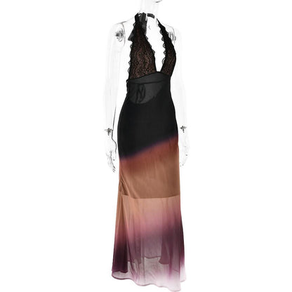 Halter self tie deep V neck gradient lace maxi dress