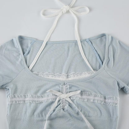 Halter short sleeve bowknot lace hem top