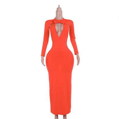 Long sleeve crewneck hollow out slit cut out maxi dress