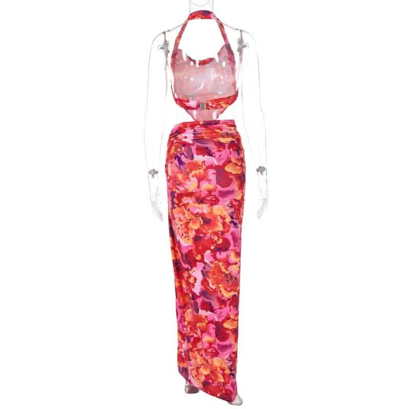 Halter flower print o ring slit maxi skirt set-final-sale