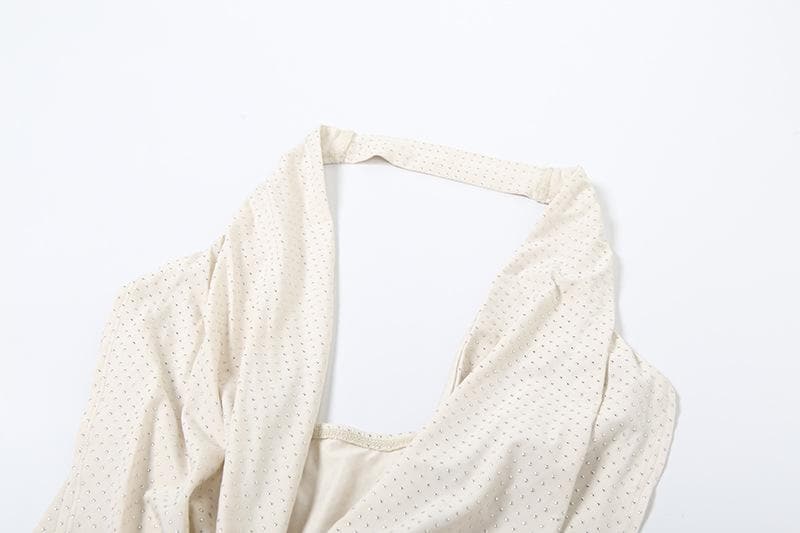 Halter cowl neck beaded low cut mini dress