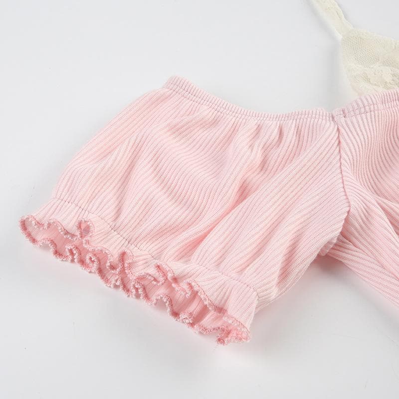 Short puff sleeve off shoulder halter ribbed top