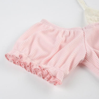 Short puff sleeve off shoulder halter ribbed top