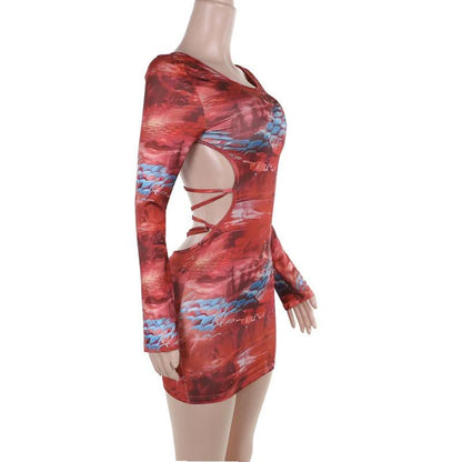 Long sleeve o ring cross front abstract mini dress