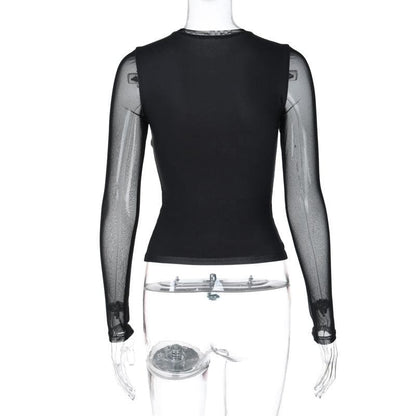 Long sleeve mesh crewneck flower pattern patchwork top
