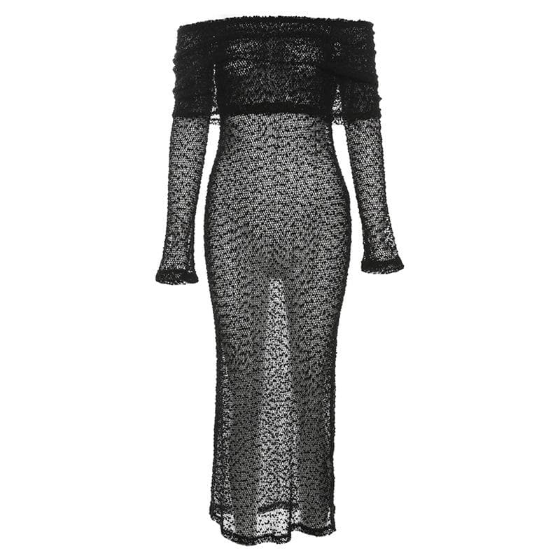 Off Shoulder Crochet Mesh Long Sleeve Bodycon Maxi Dress