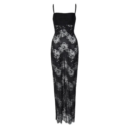 Lace patchwork backless slit cami maxi dress