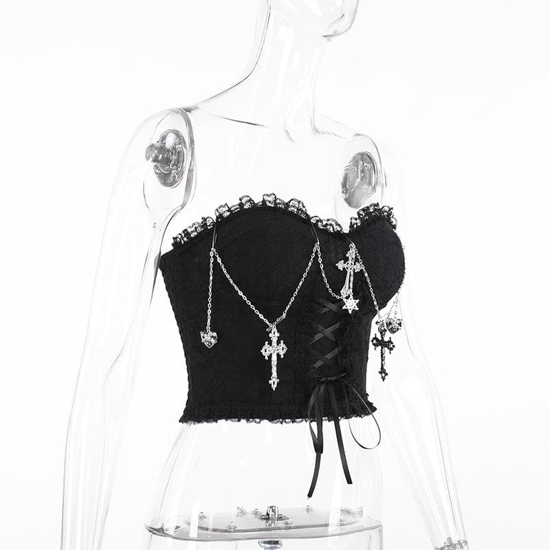Metal chain lace up sweetheart neck tube top