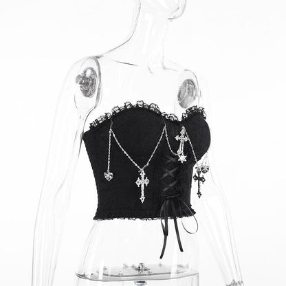 Metal chain lace up sweetheart neck tube top