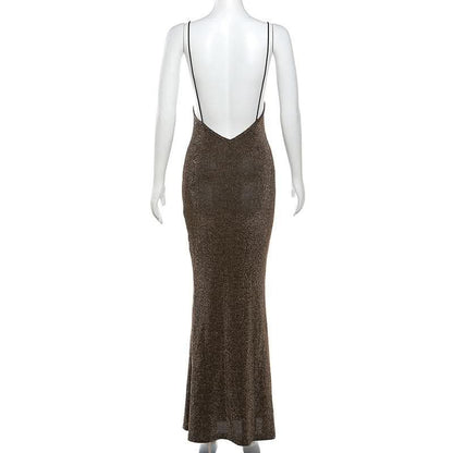 Textured spaghetti strap cowl neck backless maxi dress-final-sale