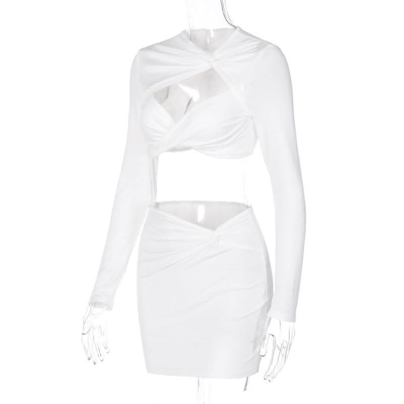 Knotted hollow out solid ruched long sleeve mini skirt set-final-sale