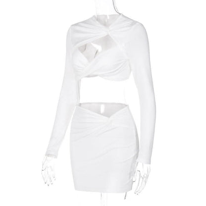 Knotted hollow out solid ruched long sleeve mini skirt set-final-sale