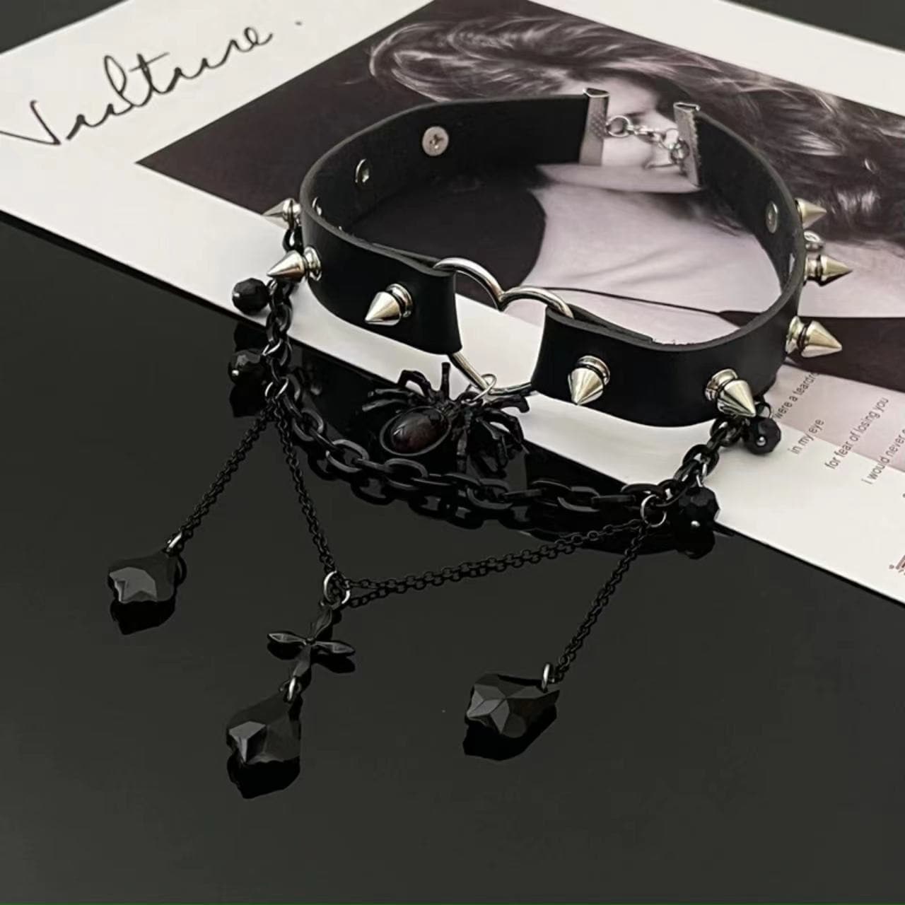 Spider rivet heart pendant PU leather layered choker necklace