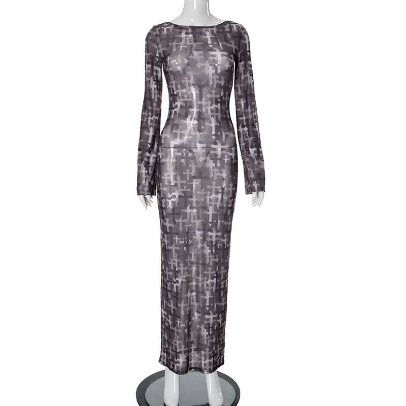 Long sleeve cross print sheer mesh backless maxi dress