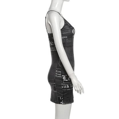 V neck letter print backless cami mini dress