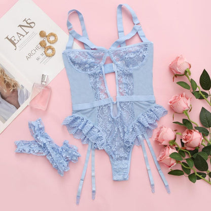O ring lace garter hollow out bodysuit