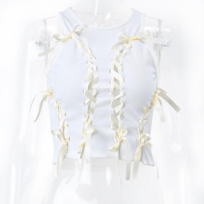 Sleeveless round neck lace up hollow out ribbed crop cut out top