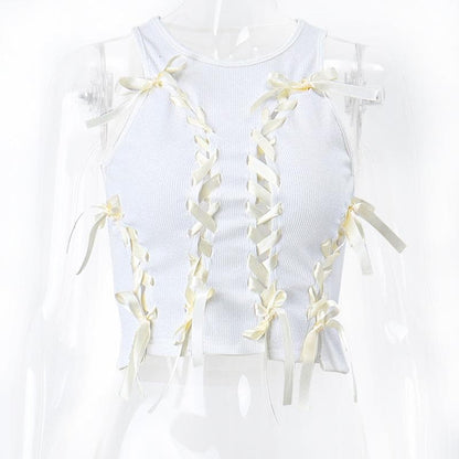 Sleeveless round neck lace up hollow out ribbed crop cut out top