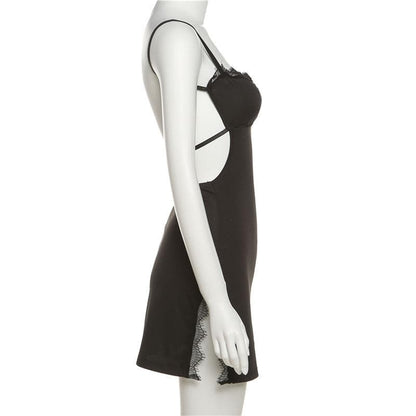 Lace hem solid hollow out backless slit cami cut out mini dress