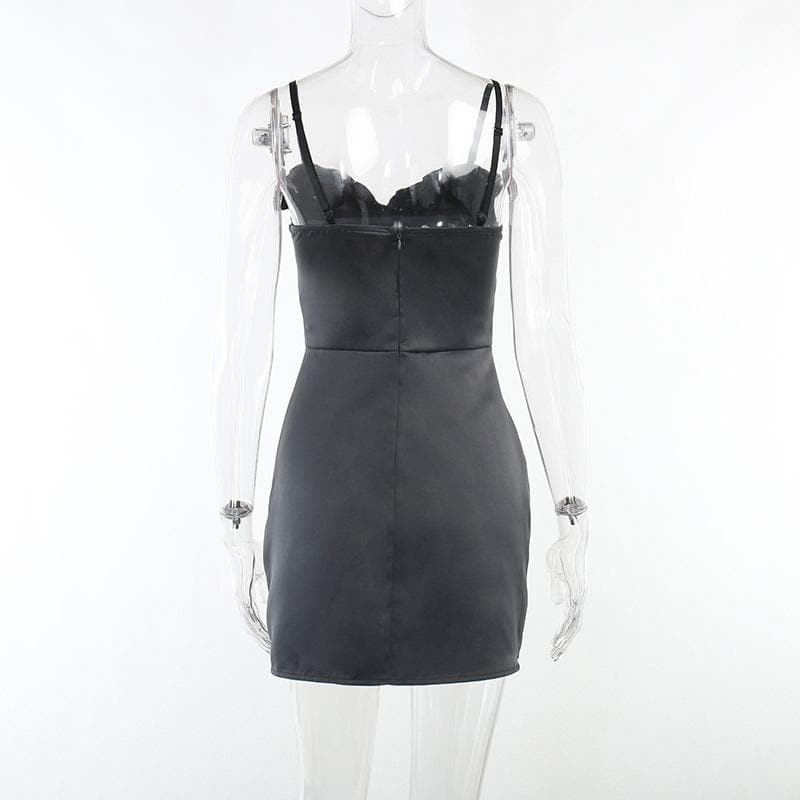 Sweetheart Ruffle Trim Zip Up Backless Satin Cami Mini Dress