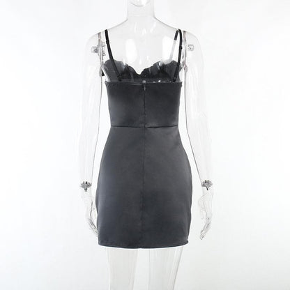Sweetheart Ruffle Trim Zip Up Backless Satin Cami Mini Dress