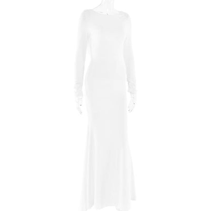 Long sleeve round neck ruched backless maxi dress