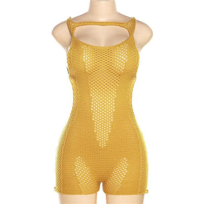 Knitted hollow out backless solid romper