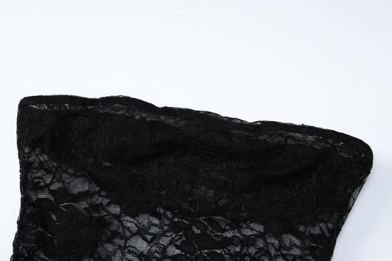 Slit ruffle lace see through solid tube maxi dress