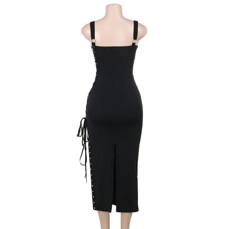 Square neck lace up ruched hollow out cut out midi dress