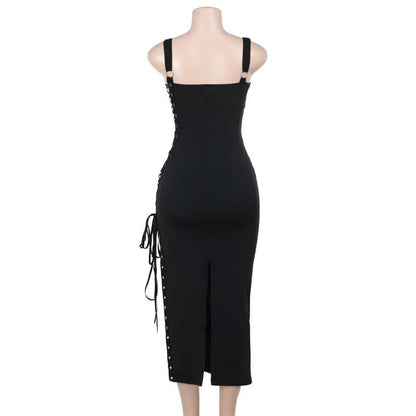Square neck lace up ruched hollow out cut out midi dress