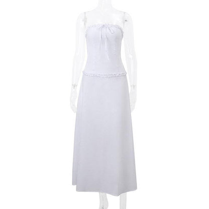 Ruffle bowknot smocked zip-up backless solid tube midi skirt set