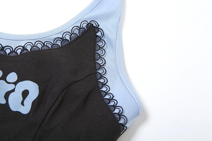 Halter lace patchwork letter pattern top