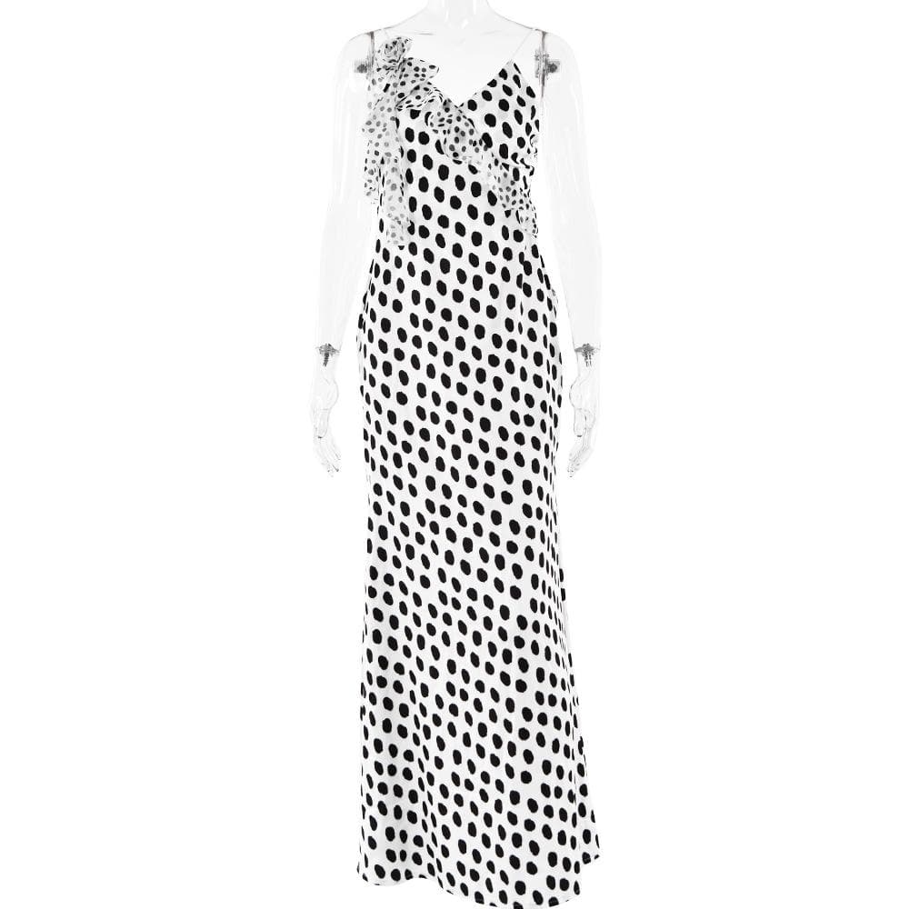 Polka dot flower applique ruffle cami maxi dress