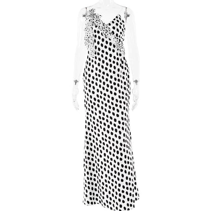 Polka dot flower applique ruffle cami maxi dress