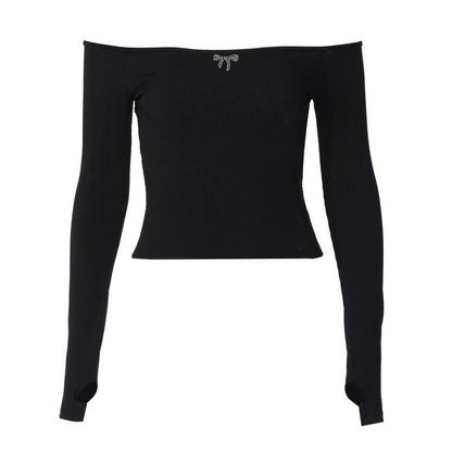 Off shoulder long sleeve gloves solid hollow out cut out top