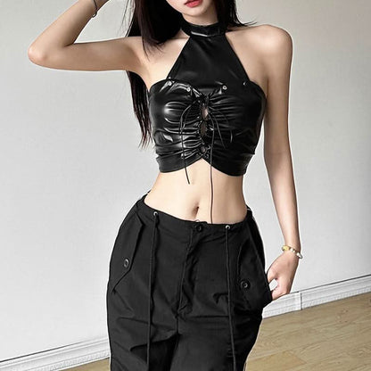 Halter backless PU leather zip-up crop top