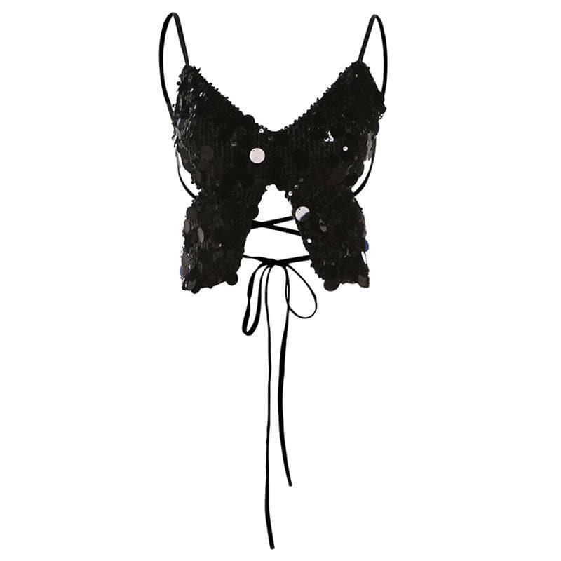 Butterfly pattern glitter lace up cami top