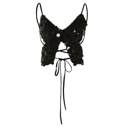 Butterfly pattern glitter lace up cami top