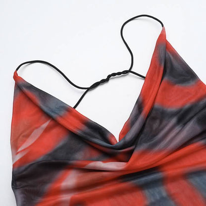 Cowl neck sheer mesh print spaghetti strap maxi dress