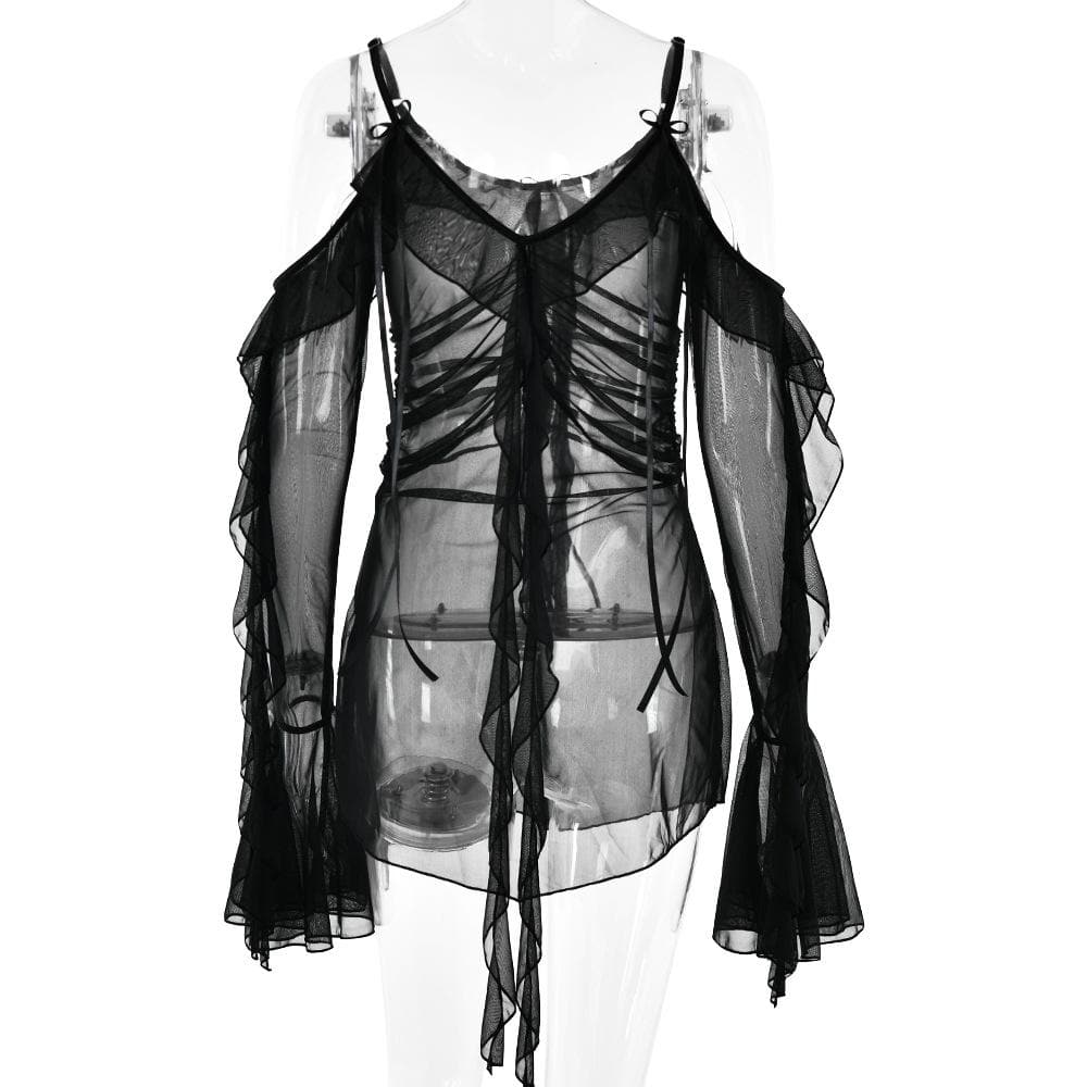 Long flared sleeve Off shoulder sheer mesh ruffle mini dress