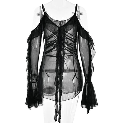 Long flared sleeve Off shoulder sheer mesh ruffle mini dress