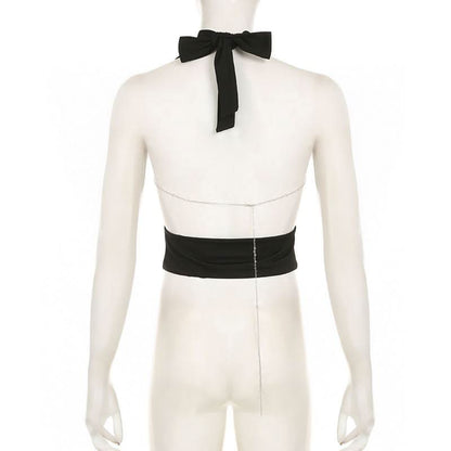 Halter cowl neck metal chain backless top