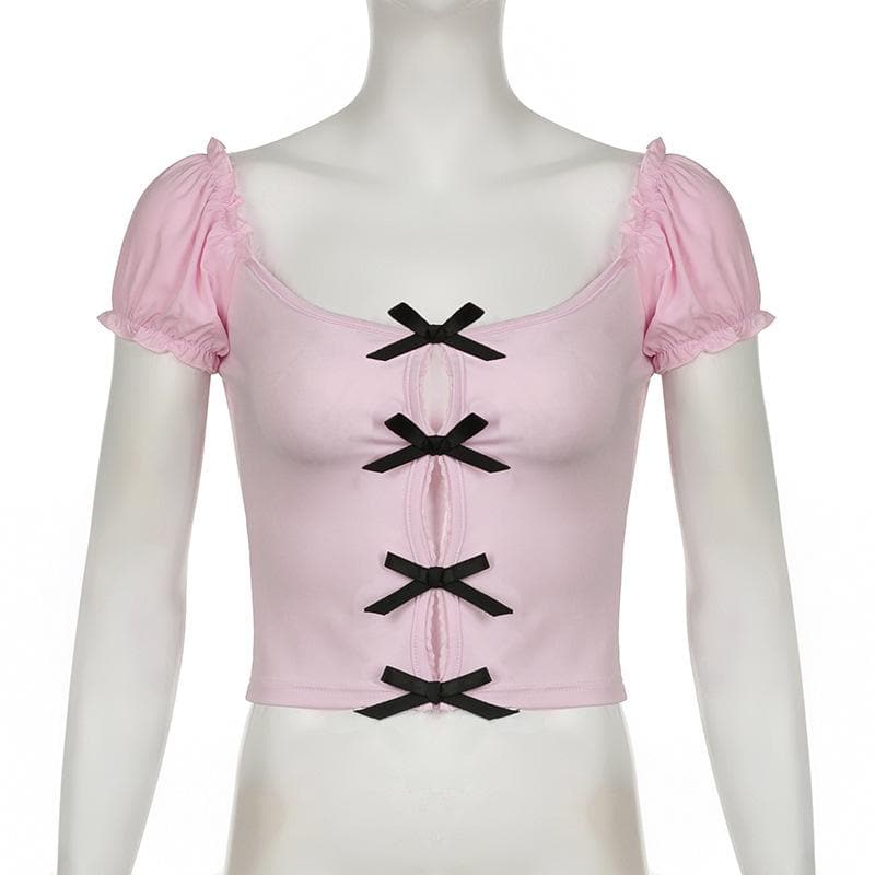 Short puff sleeve hollow out bowknot cut out top