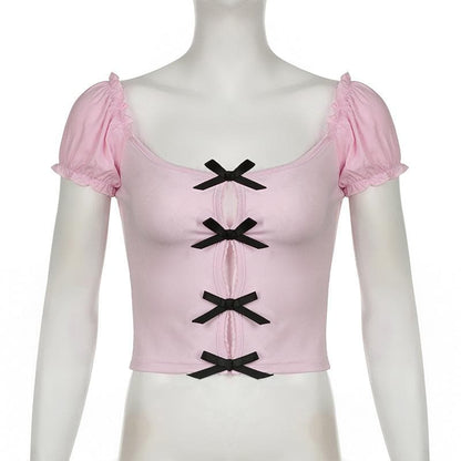 Short puff sleeve hollow out bowknot cut out top
