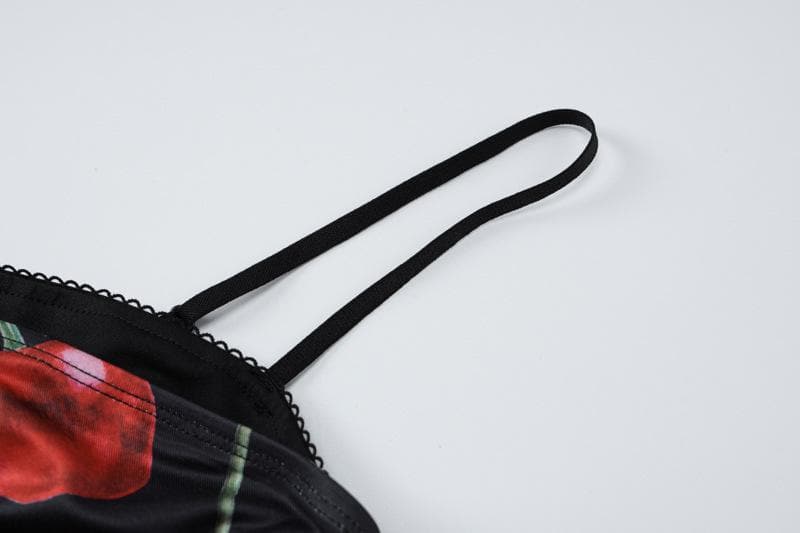 Fruit print lace hem knotted cami maxi dress